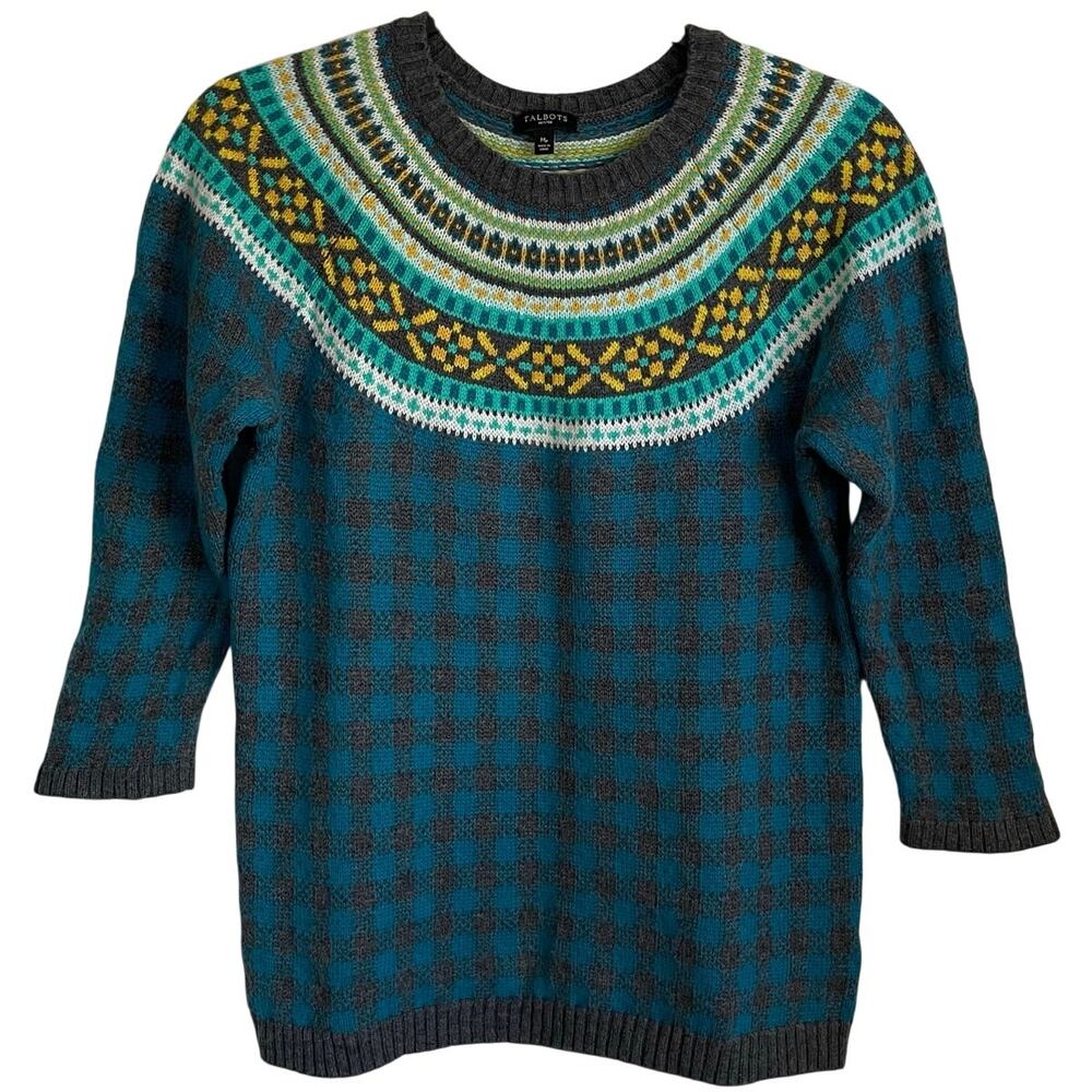 Talbots Fair Isle Plaid Sweater Lambswool Blend Sz MP 3/4 Sleeves Preppy Cozy